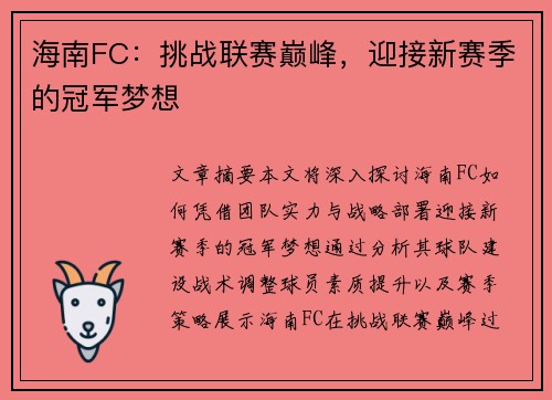 海南FC：挑战联赛巅峰，迎接新赛季的冠军梦想